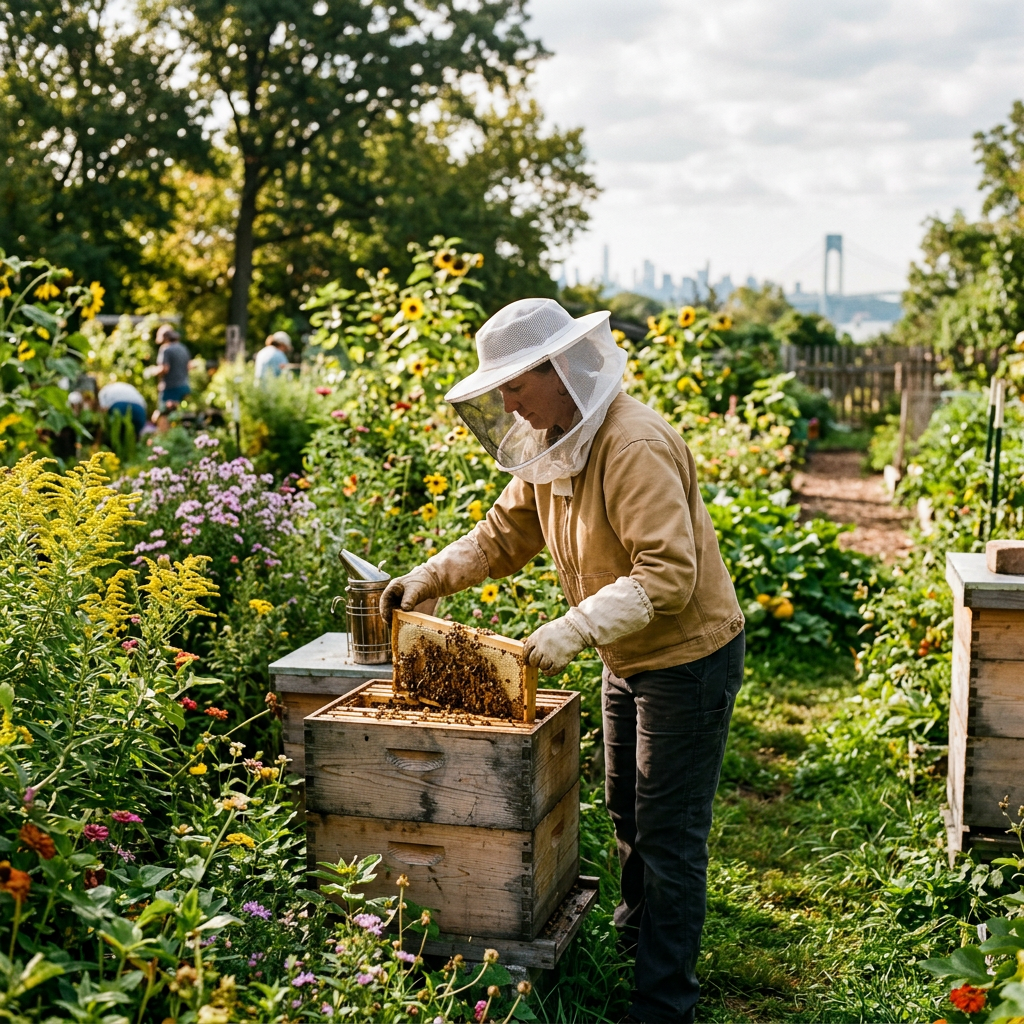 Local beekeeper carefully checking a hive in a leafy garden