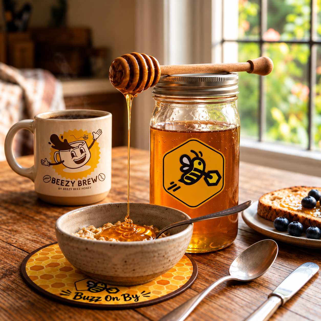 Beezy Beez honey jar and honey dipper beside a Beezy Brew mug at breakfast